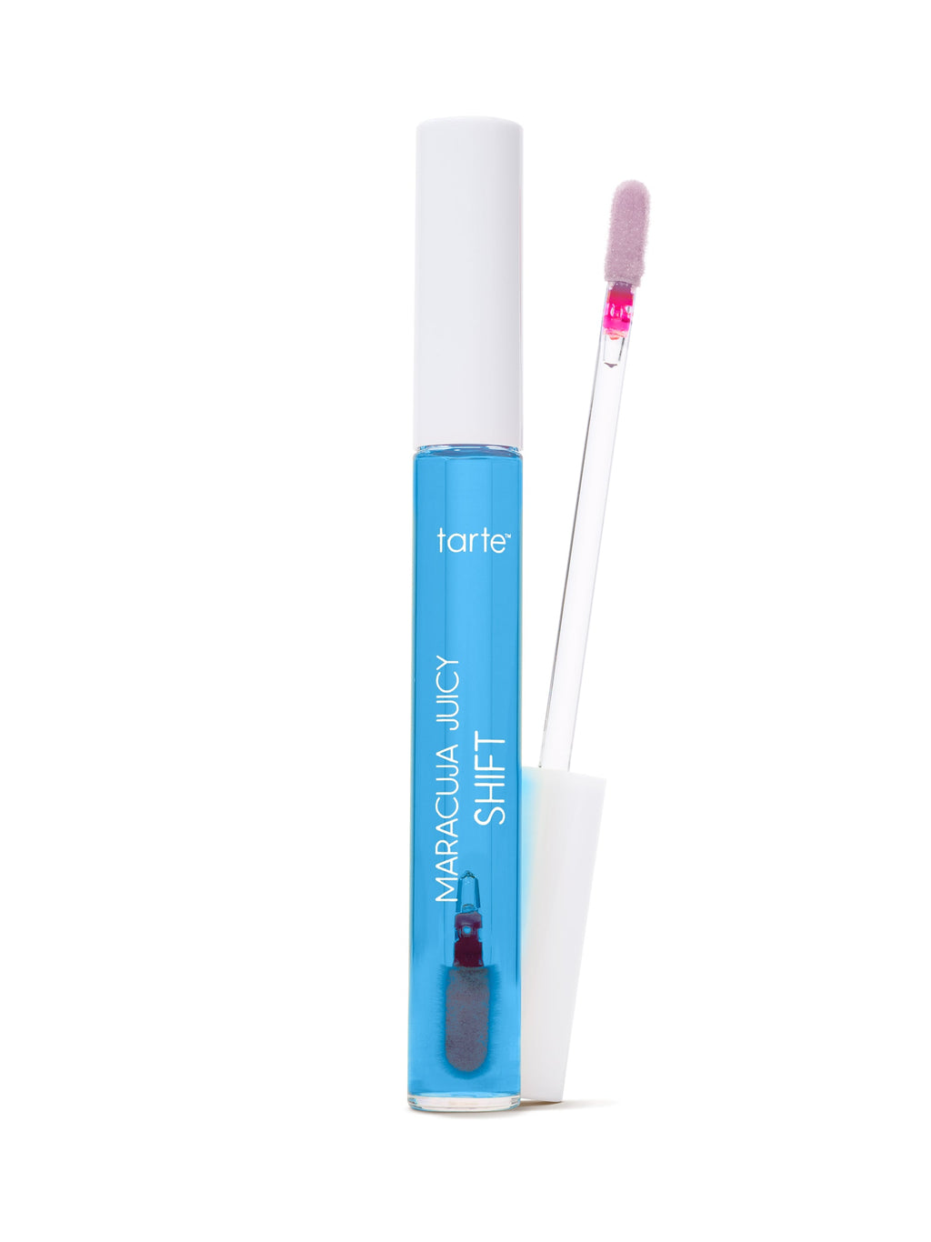 Tarte lip gloss with blue tube and white applicator on a white background