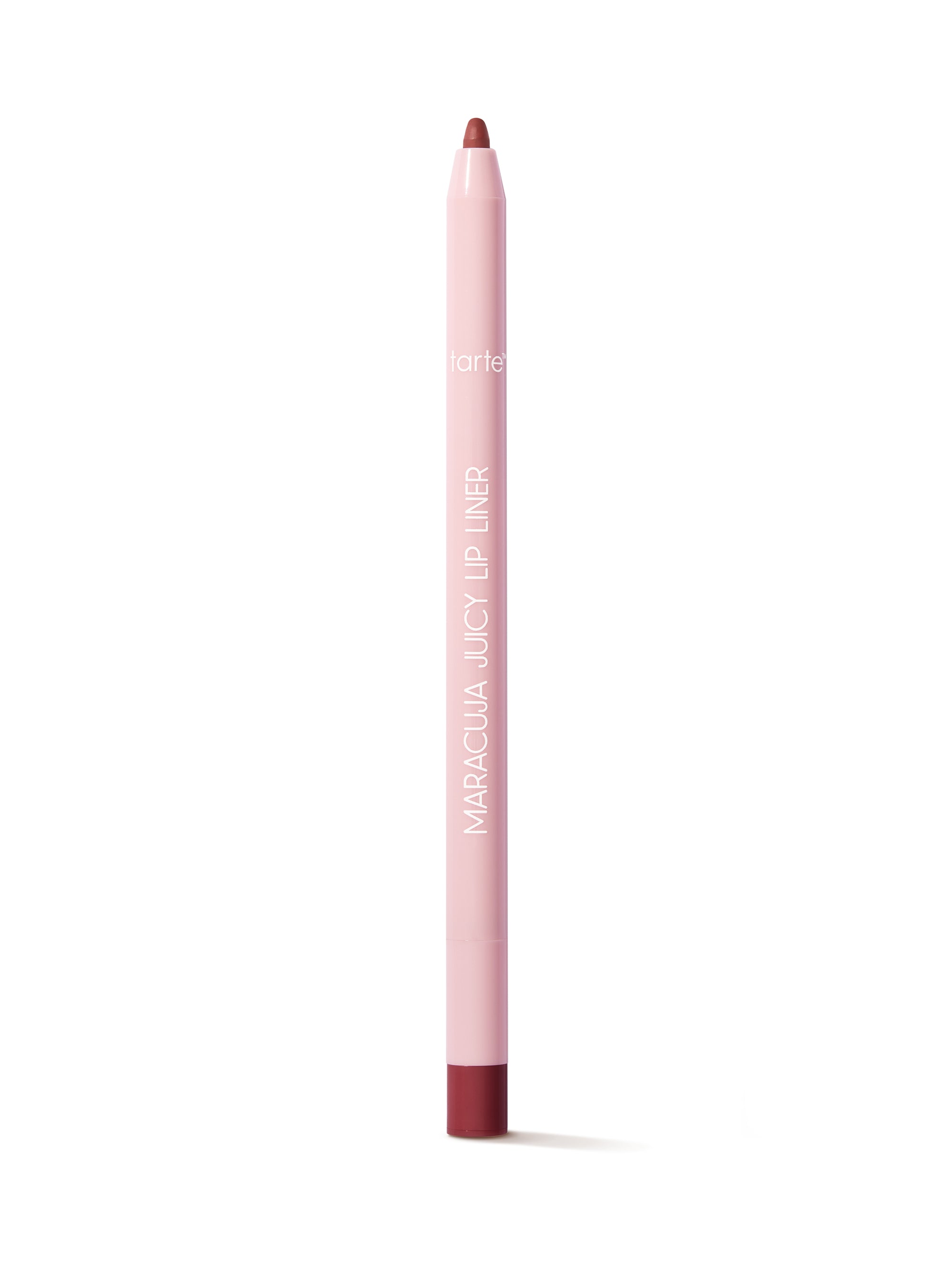 Lip liner pencil with red cap and brown tip on a white background