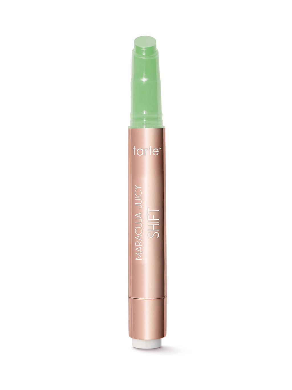 Tarte Cosmetics product with green cap and rose gold body on a white background