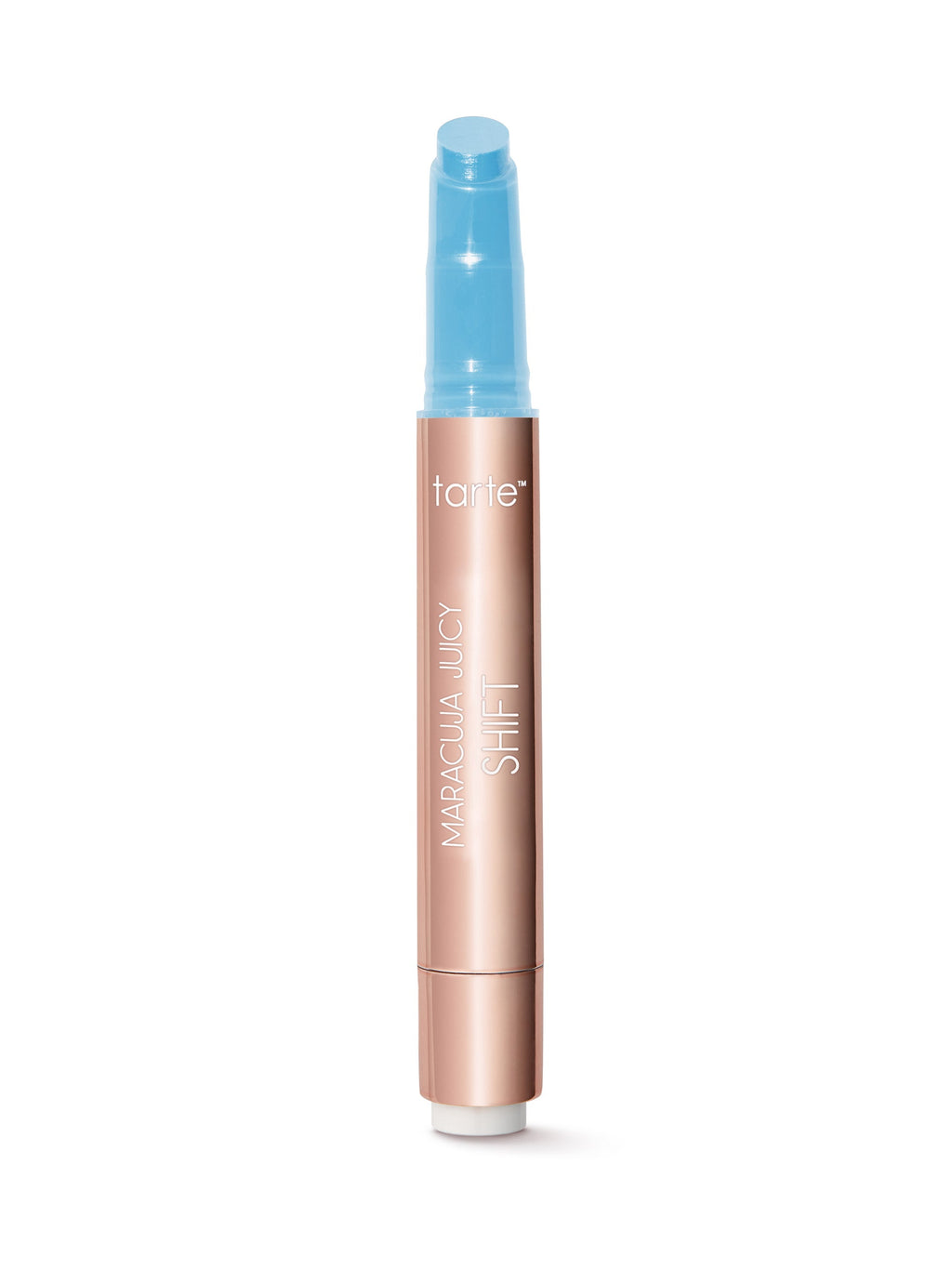 Tarte Cosmetics product with blue cap and rose gold body on a white background
