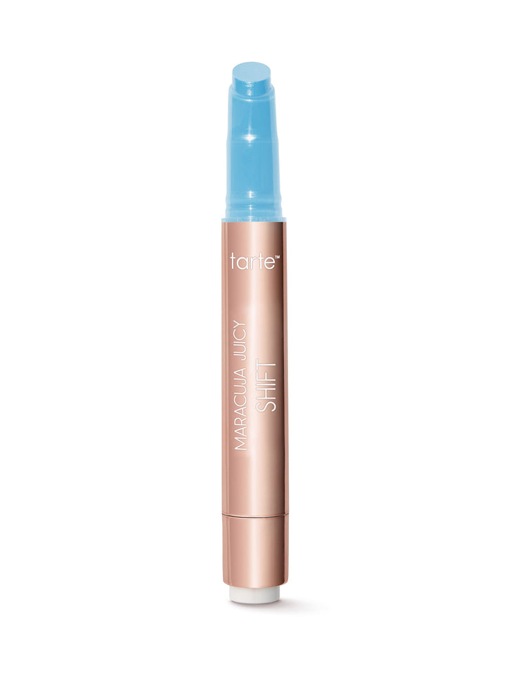 Tarte Cosmetics product with blue cap and rose gold body on a white background
