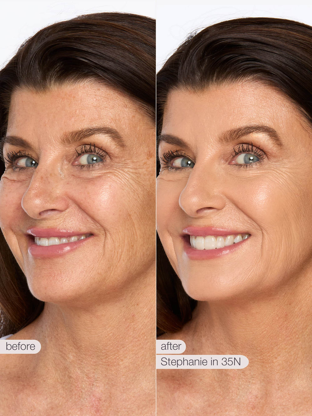 A woman's face is shown in before-and-after images. On the left, labeled before, her skin appears natural. On the right, labeled after Shape Tape™ Ultra Creamy Concealer, her complexion looks smoother and more even.